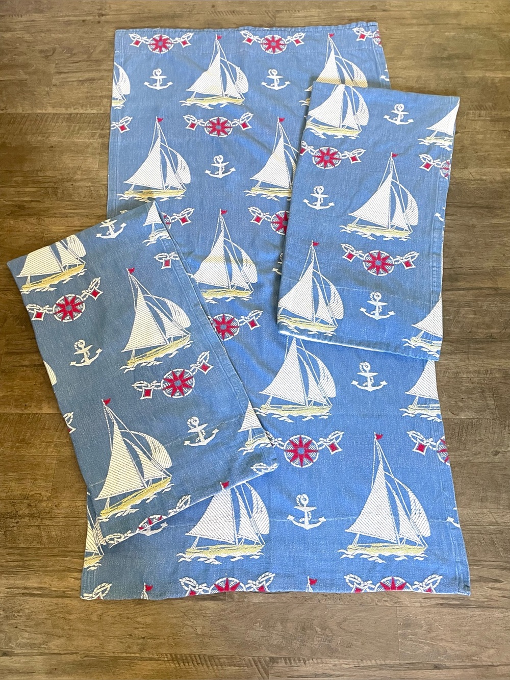 MCM Drapes Pleat CONSO Heavy Woven Cotton Nautical 3 Panels Red White Blue 33x64